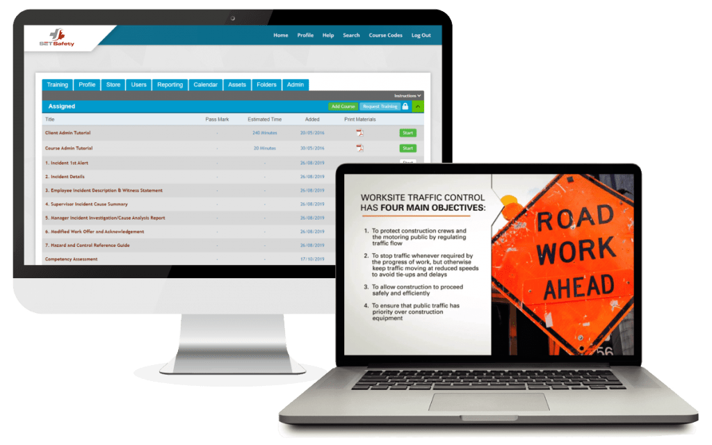 Computer and laptop screens showing SET Safety’s learning management system