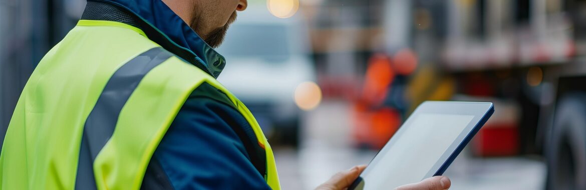 A safety inspector in high-visibility PPE assesses safety compliance on a tablet