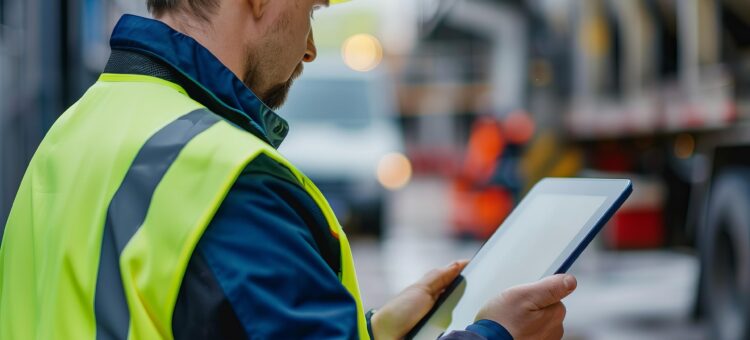 A safety inspector in high-visibility PPE assesses safety compliance on a tablet